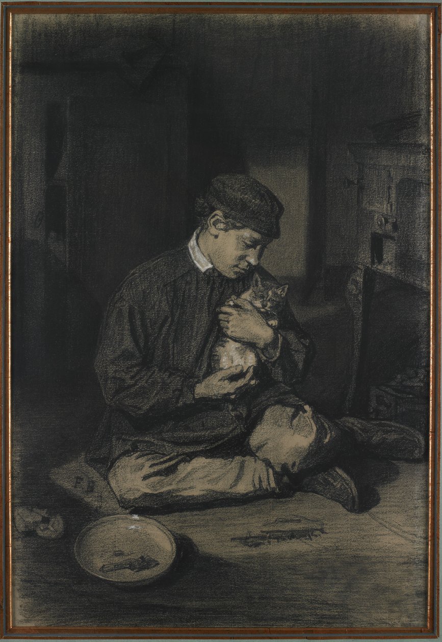 Ülő fiú, aki macskát tart (recto); Tanulmány a cicákról és egy tányér tejről (verso), c. 1874-80 (fehér krétával erősített fekete kréta törtfehér fektetett papíron) alkotó: François Bonvin