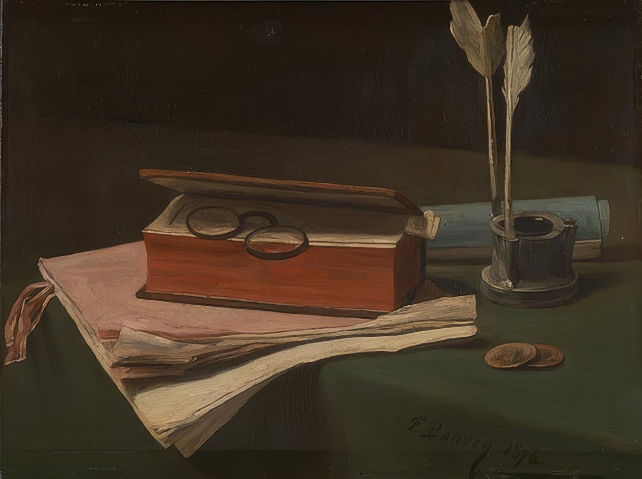 Csendélet könyvvel, papírokkal és tintatartóval. 1876 alkotó: François Bonvin