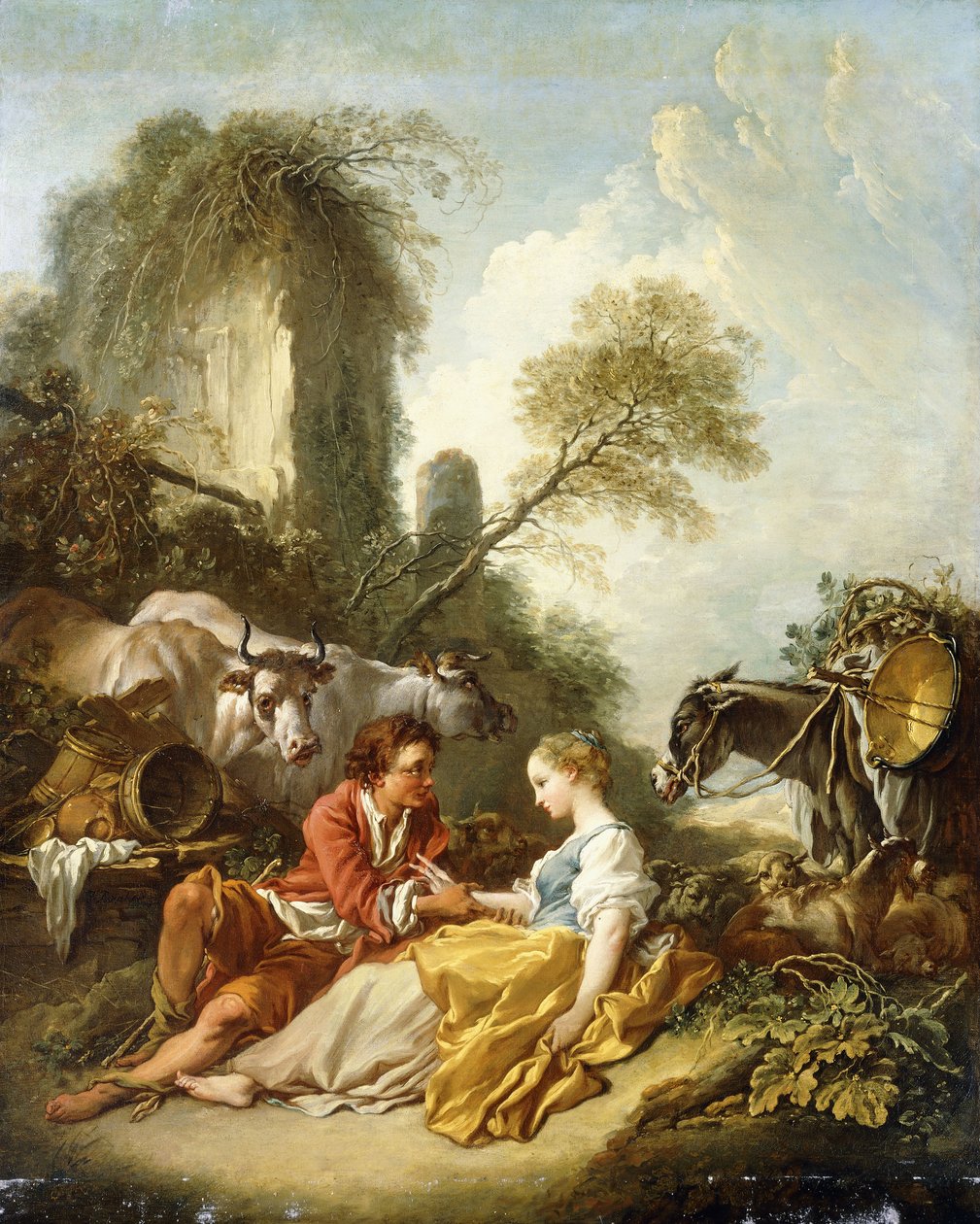 Lelkipásztori táj pásztorral és pásztorlánnyal a romok mellett, alkotó: François Boucher