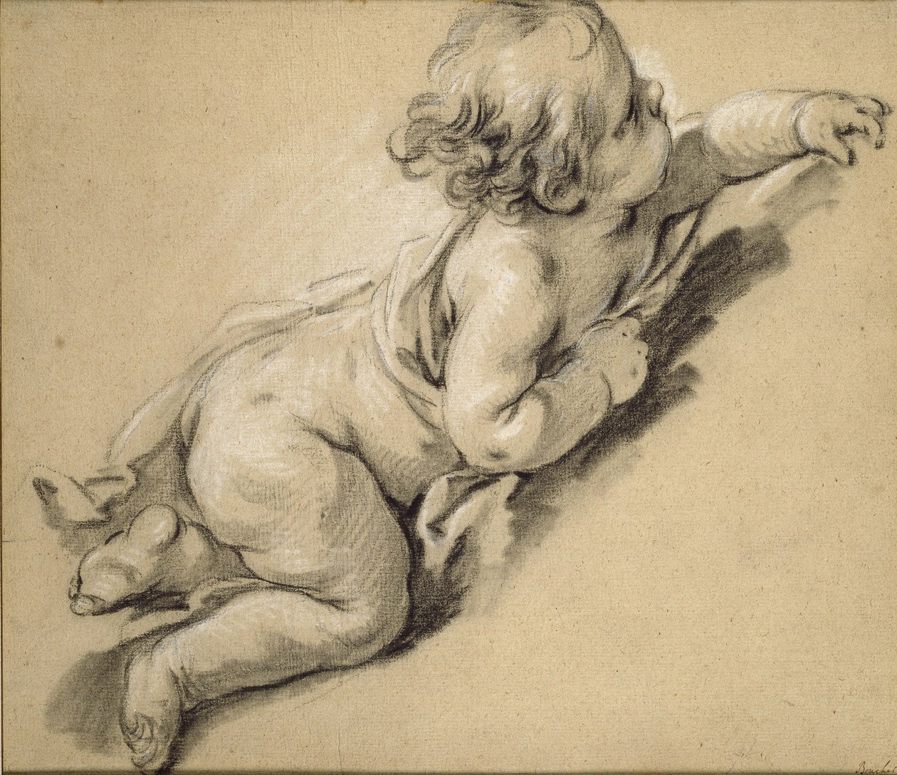 Egy puttó jobbra dőlve (kréta papíron) alkotó: François Boucher