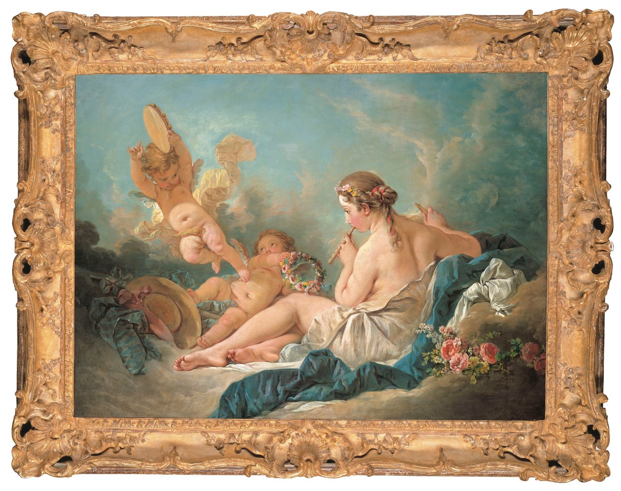 Egy fekvő nimfa furulyázik Puttival, Talán a Muse Euterpe, 1752 alkotó: François Boucher
