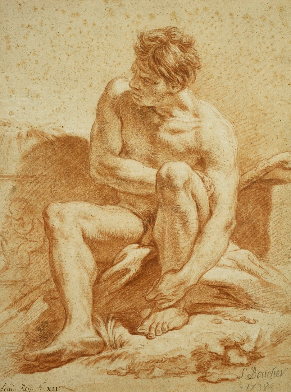 Ülő akt bottal, dombormű Puttival balra, 1738 alkotó: François Boucher