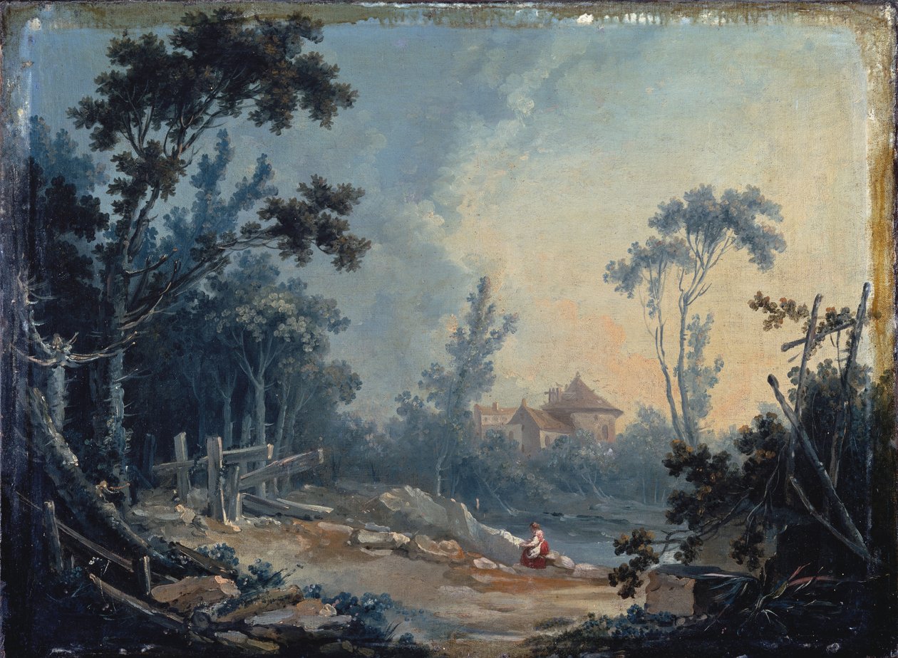 Erdős táj épületekkel a távolban alkotó: François Boucher
