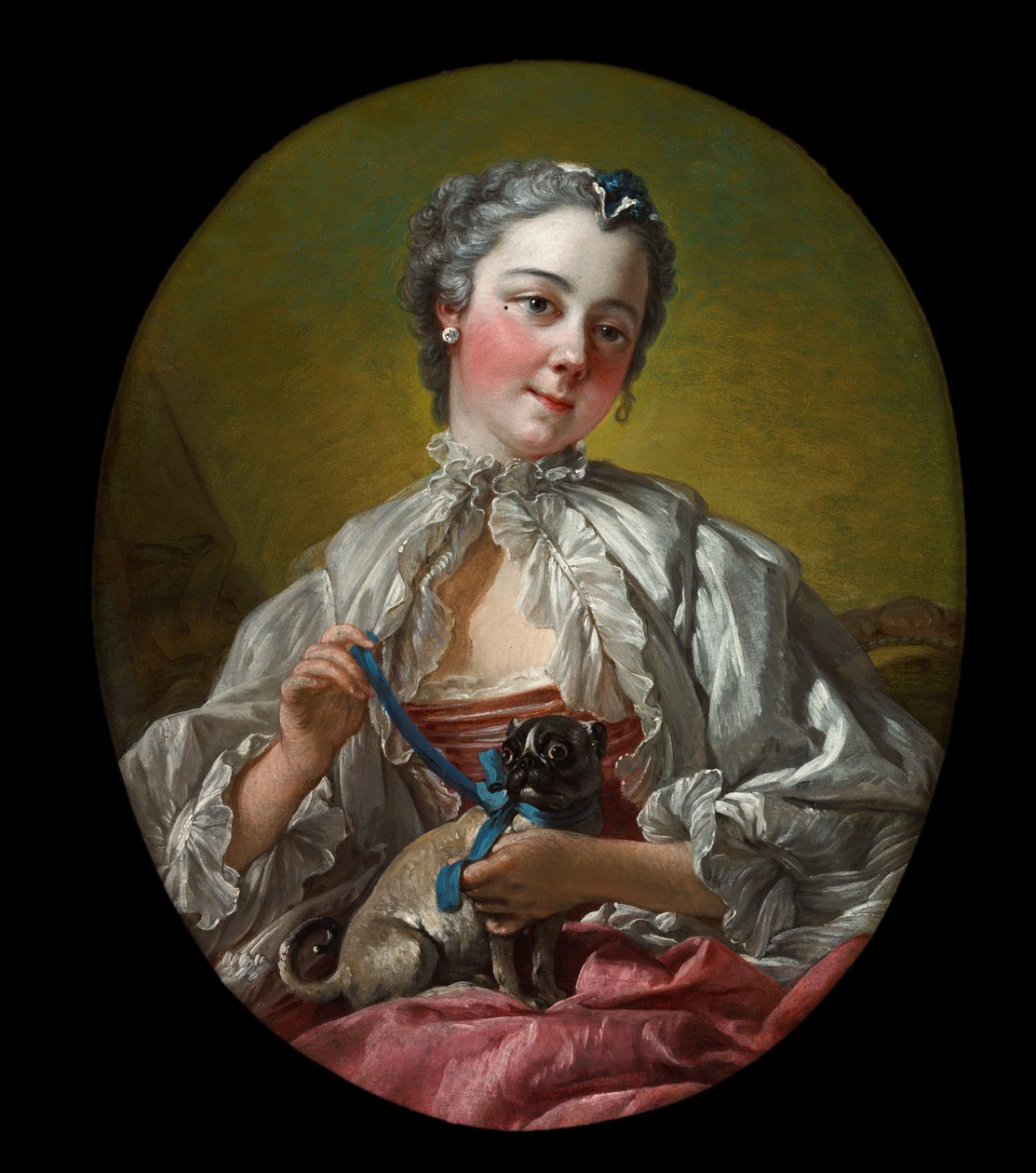 Egy fiatal hölgy a kezében egy mopszkutya alkotó: François Boucher