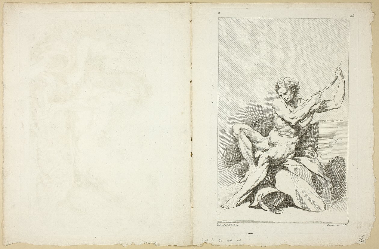 Akadémiai akt (recto és verso), az akadémiai alakok második könyvéből, részben a Királyi Akadémia professzorai által metszett alkotó: François Boucher