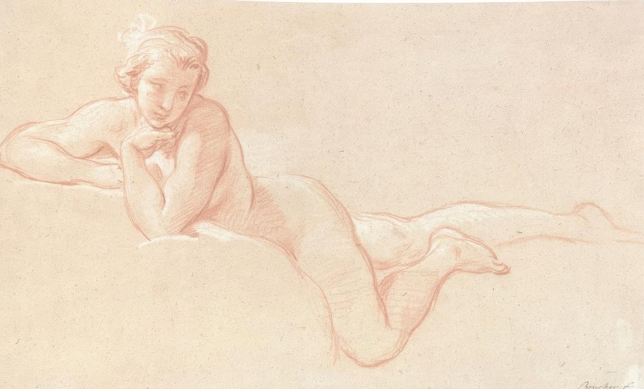 Meztelen tanulmány egy nőről, aki a felhőkön fekszik, állát a bal kezére támasztja alkotó: François Boucher