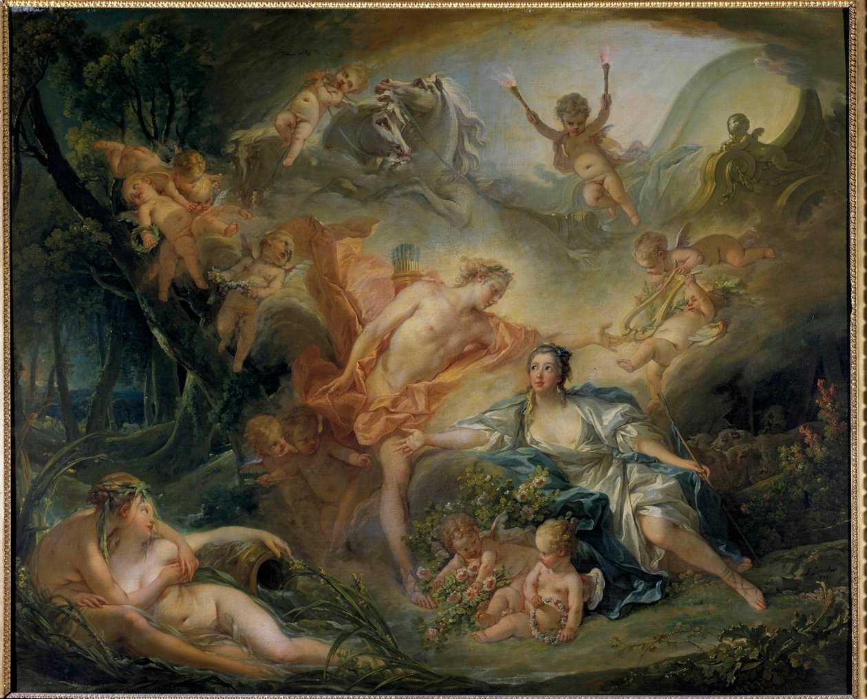 Apollo felfedi istenségét a pásztornak Is La bergere szereti Philemont, aki valójában Apollón isten. Francois Boucher (1703-1770) festménye 1750 V. 1,29 x 1,57 m Tours, Musee des Beaux Arts alkotó: François Boucher
