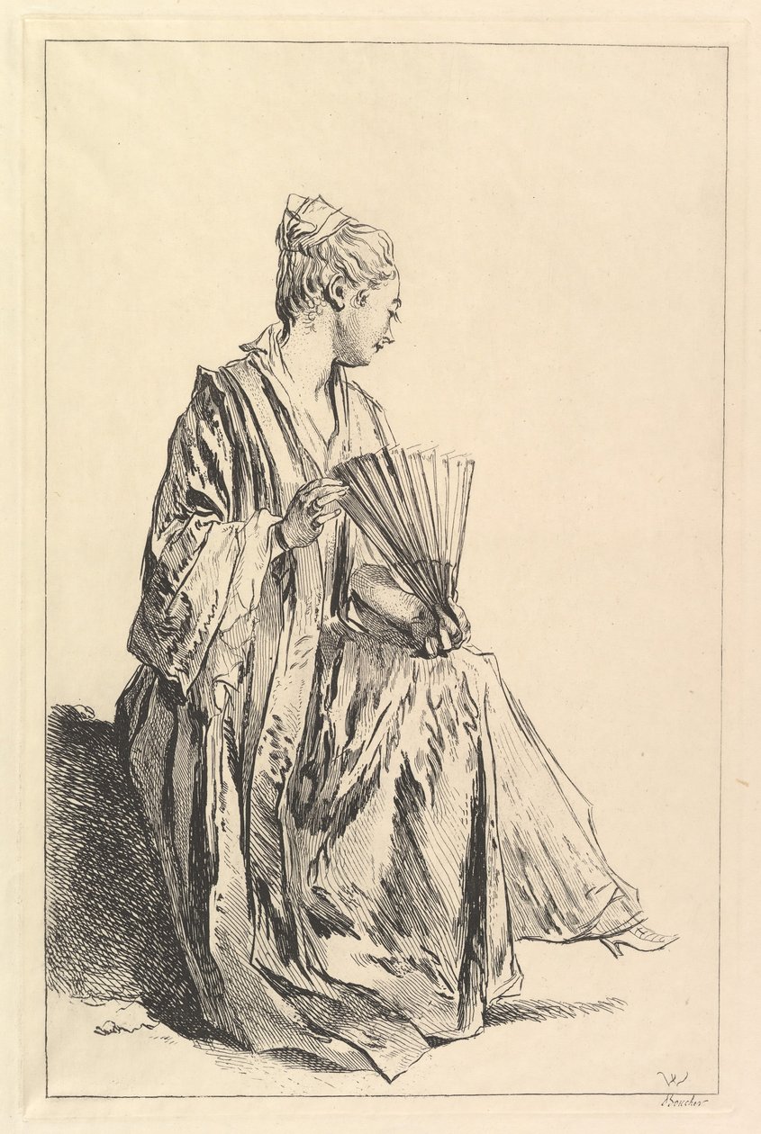 Ülő nő, profilban jobbra, rajongót játszik, 1720-70. alkotó: François Boucher