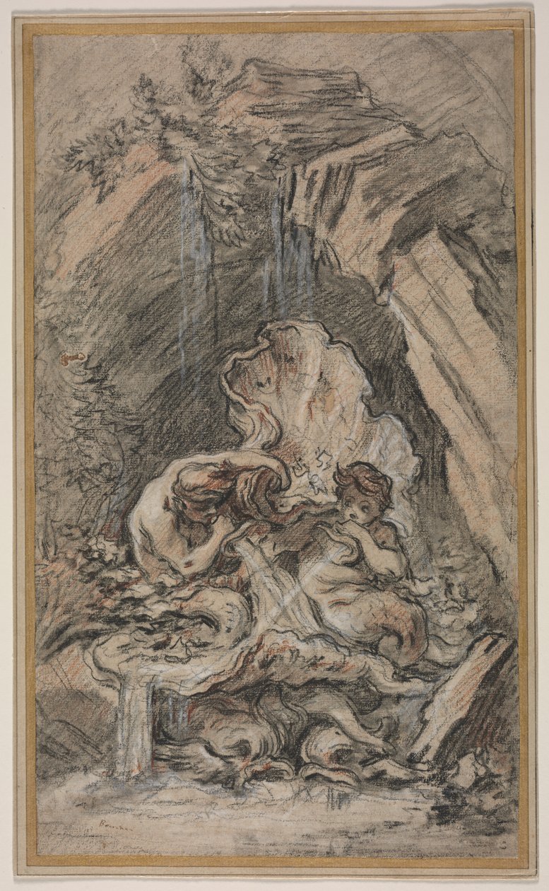 Szökőkút két tritonnal, amely kagylóhéjat fúj alkotó: François Boucher