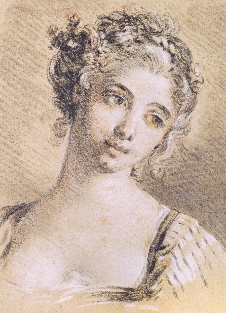 Egy fiatal lány feje (szén és fehér kréta papíron) alkotó: François Boucher
