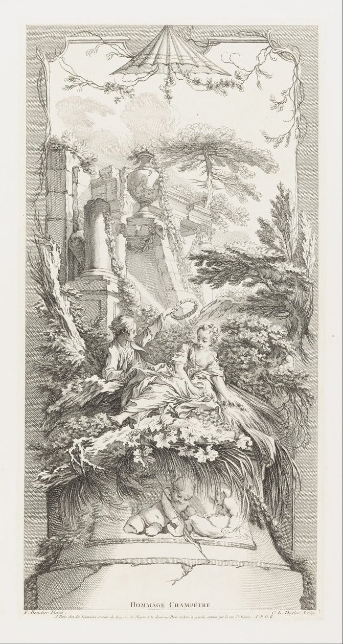 Hommage Champètre (Pastorale) in Nouveaux Morceaux pour des Paravents [Új koncepciók a paravánokhoz] alkotó: François Boucher