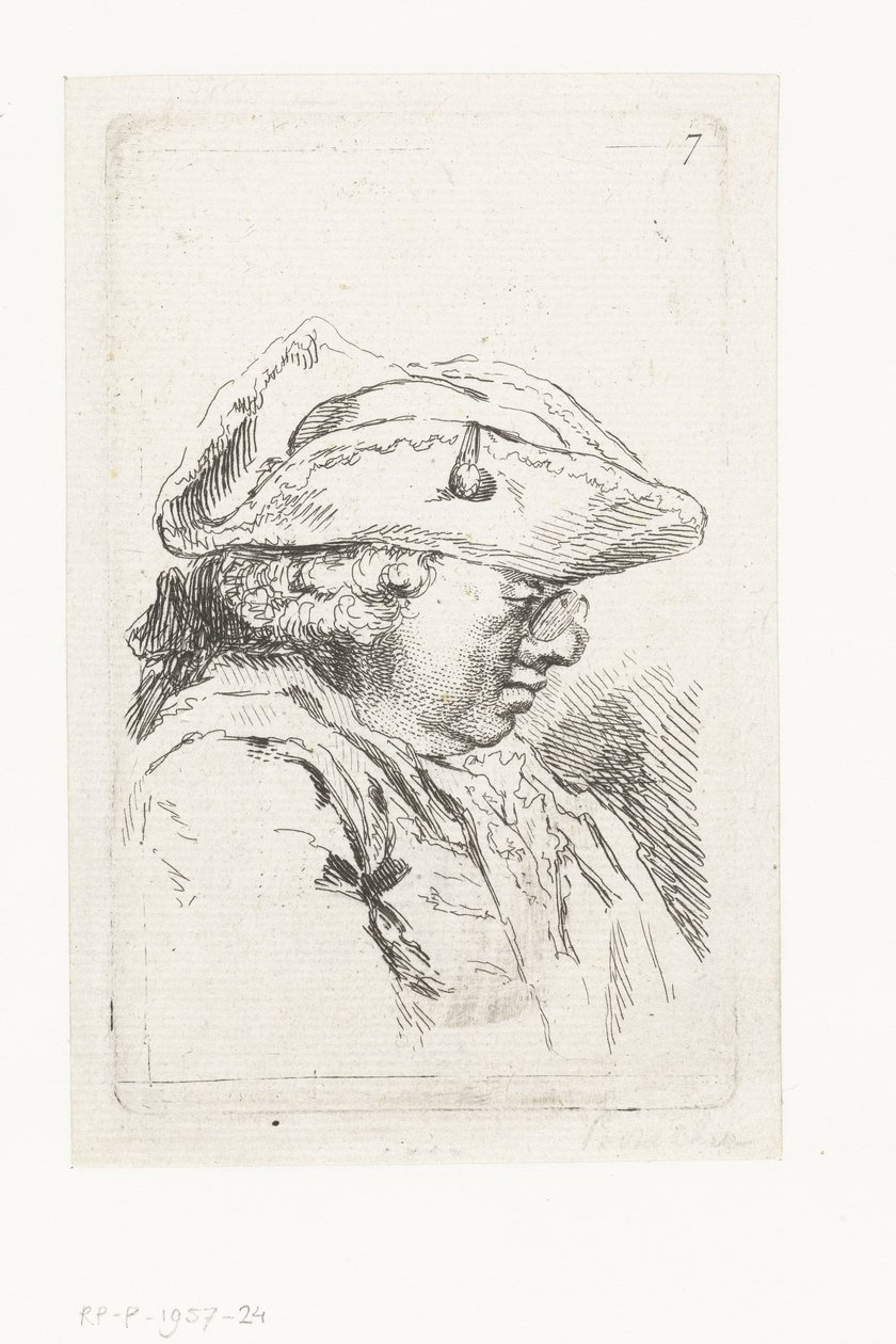 Szemüveges és tricorne férfi feje Kisebb műfaji darabokból és címsorokból álló sorozat (sorozat címe) alkotó: François Boucher
