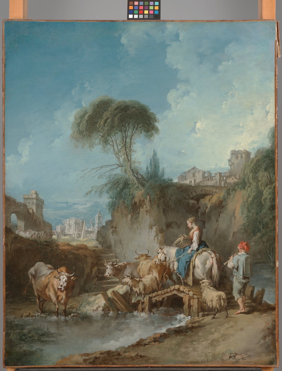 Táj távoli épületekkel és egy terelőnővel alkotó: François Boucher