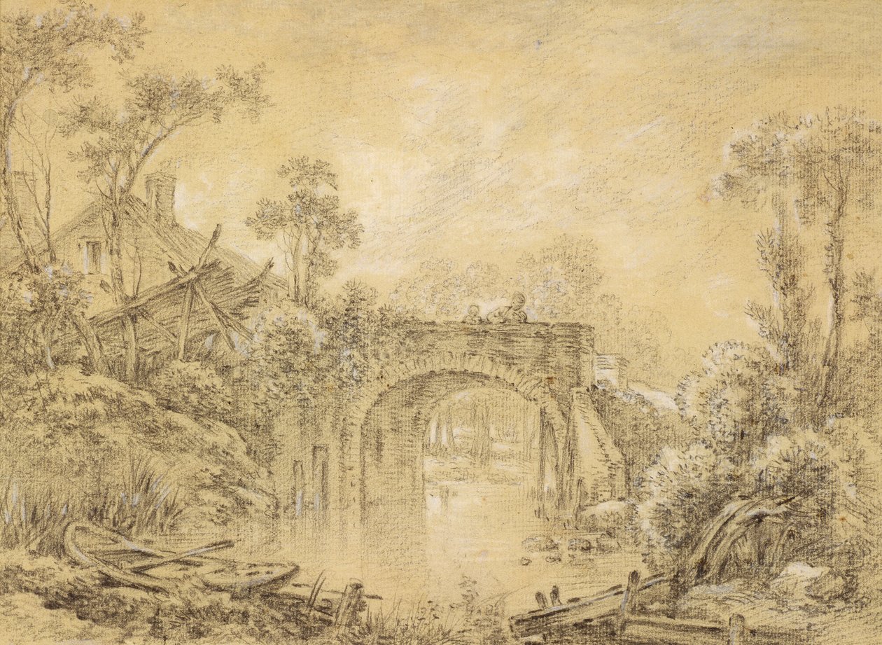 Táj egy rusztikus híddal, 1740 körül (fekete kréta fehérrel kiemelve, krémszínű papíron) alkotó: François Boucher