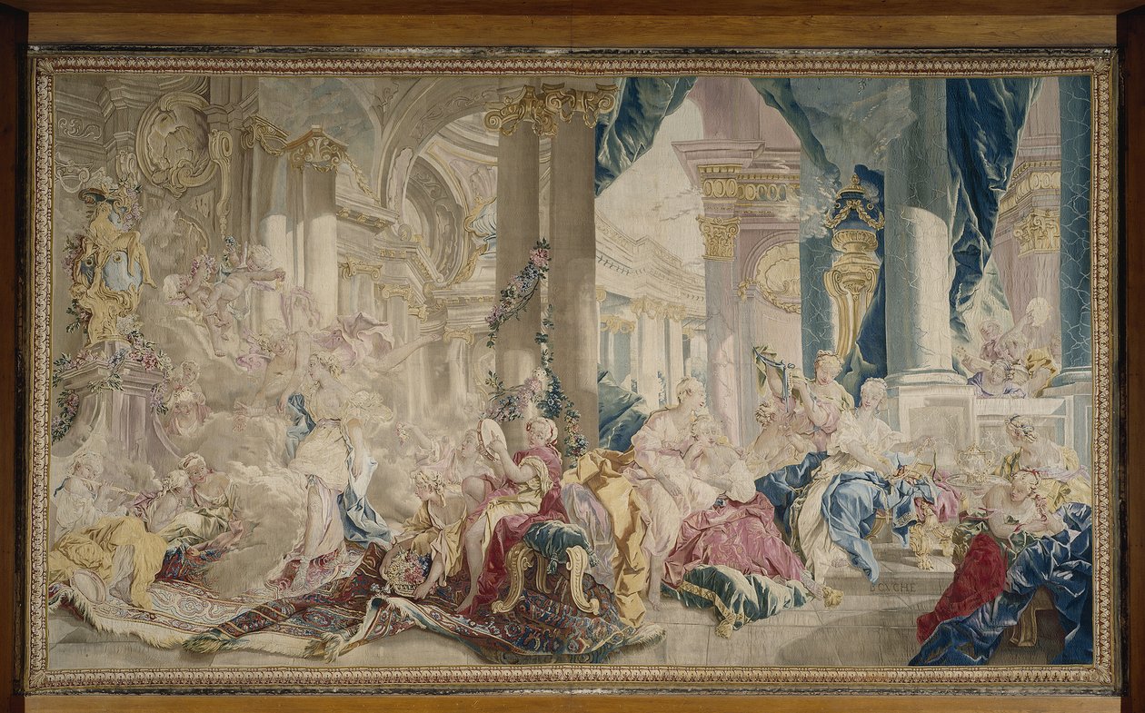 Manufacture de Beauvais - Psyche, akit Zephyr vezet a Szerelem palotájába, és Psyche, amint megmutatja vagyonát nővéreinek, 1741 után. alkotó: François Boucher
