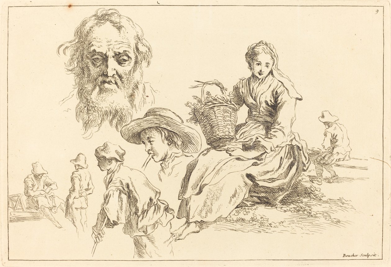 Ábratanulmányok, beleértve egy öregember szakállas arcát alkotó: François Boucher after Abraham Bloemaert