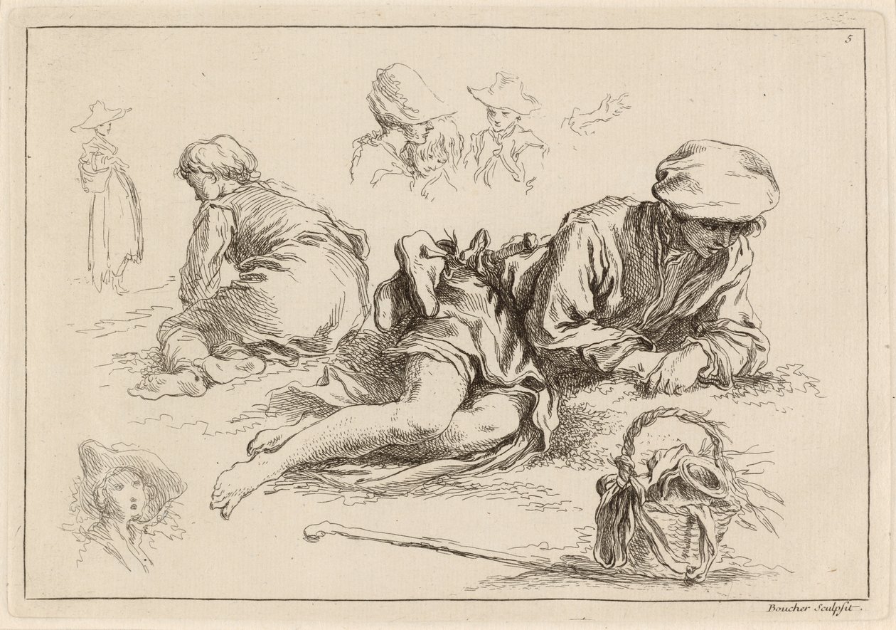 Ábratanulmányok, beleértve a fekvő fiút alkotó: François Boucher after Abraham Bloemaert