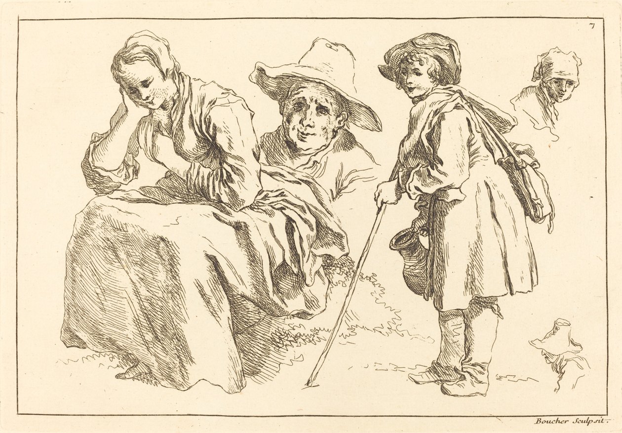 Ábratanulmányok, beleértve a kancsót tartó, álló fiút alkotó: François Boucher after Abraham Bloemaert