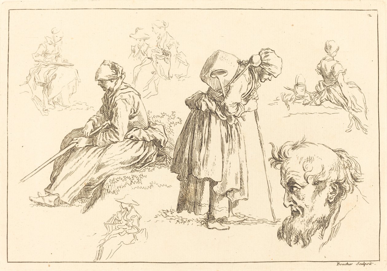 Ábratanulmányok, beleértve a nőt vízforralóval alkotó: François Boucher after Abraham Bloemaert
