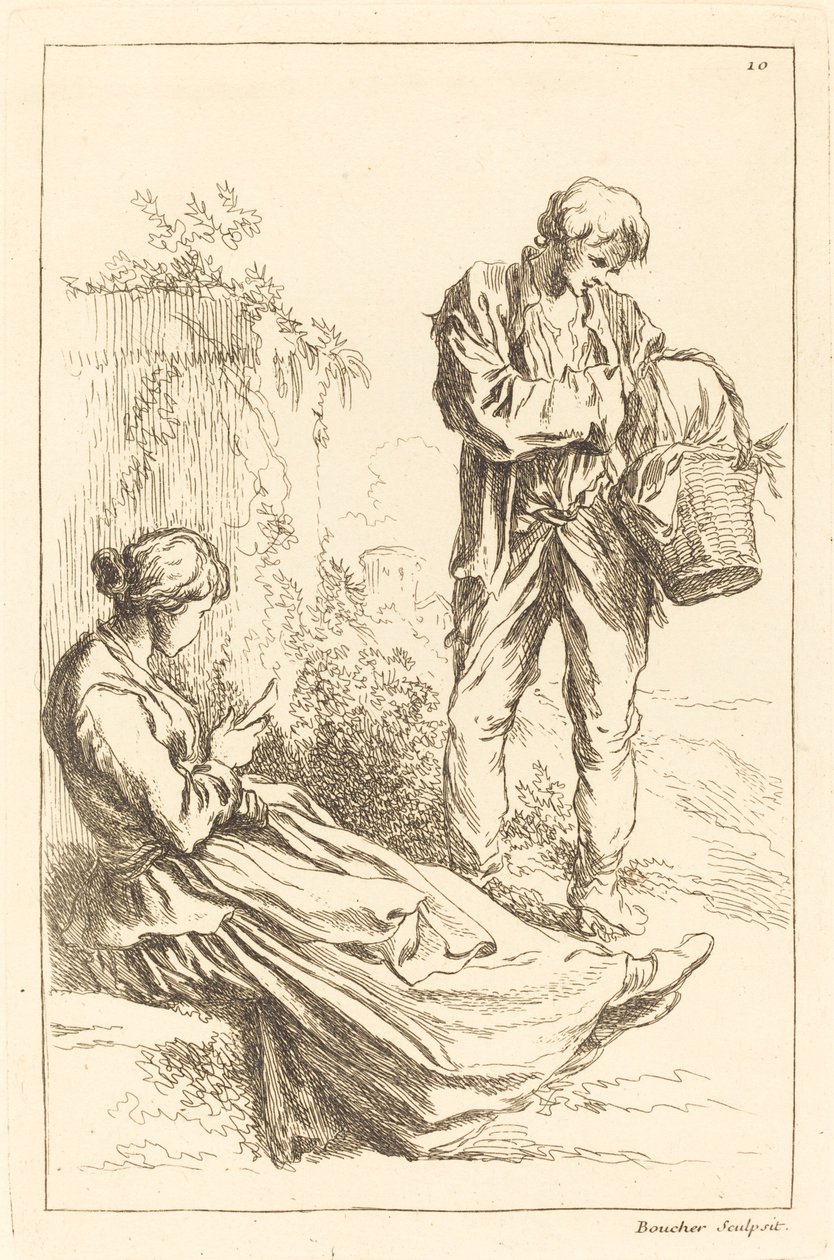 Ülő nő parasztfiúval, aki egy kosarat tart alkotó: François Boucher after Abraham Bloemaert