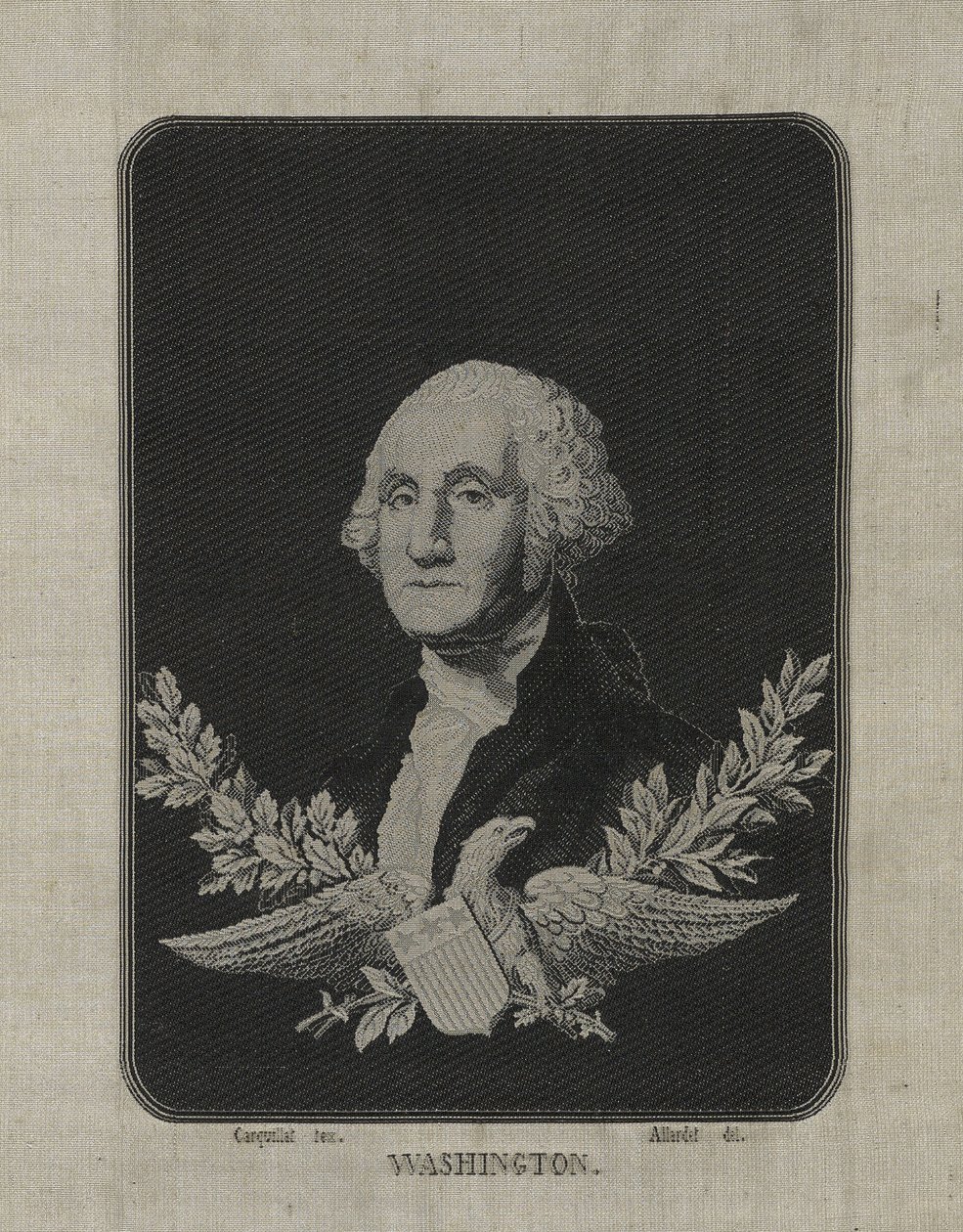 George Washington, 1876 körül (jacquard szövőszékkel szőtt selyem papírszőnyegen, rézötvözet fólia díszítéssel) alkotó: François Carquillat