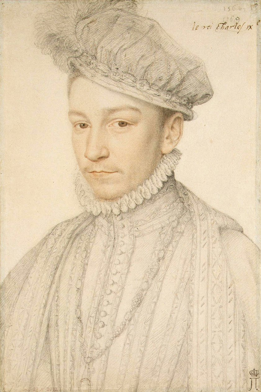 IX. Károly francia király (1550-1574) portréja, par Clouet, Francois (1510-1572). Fekete kréta és szangvinikus papíron, mérete: 33,5x22,5 alkotó: François Clouet
