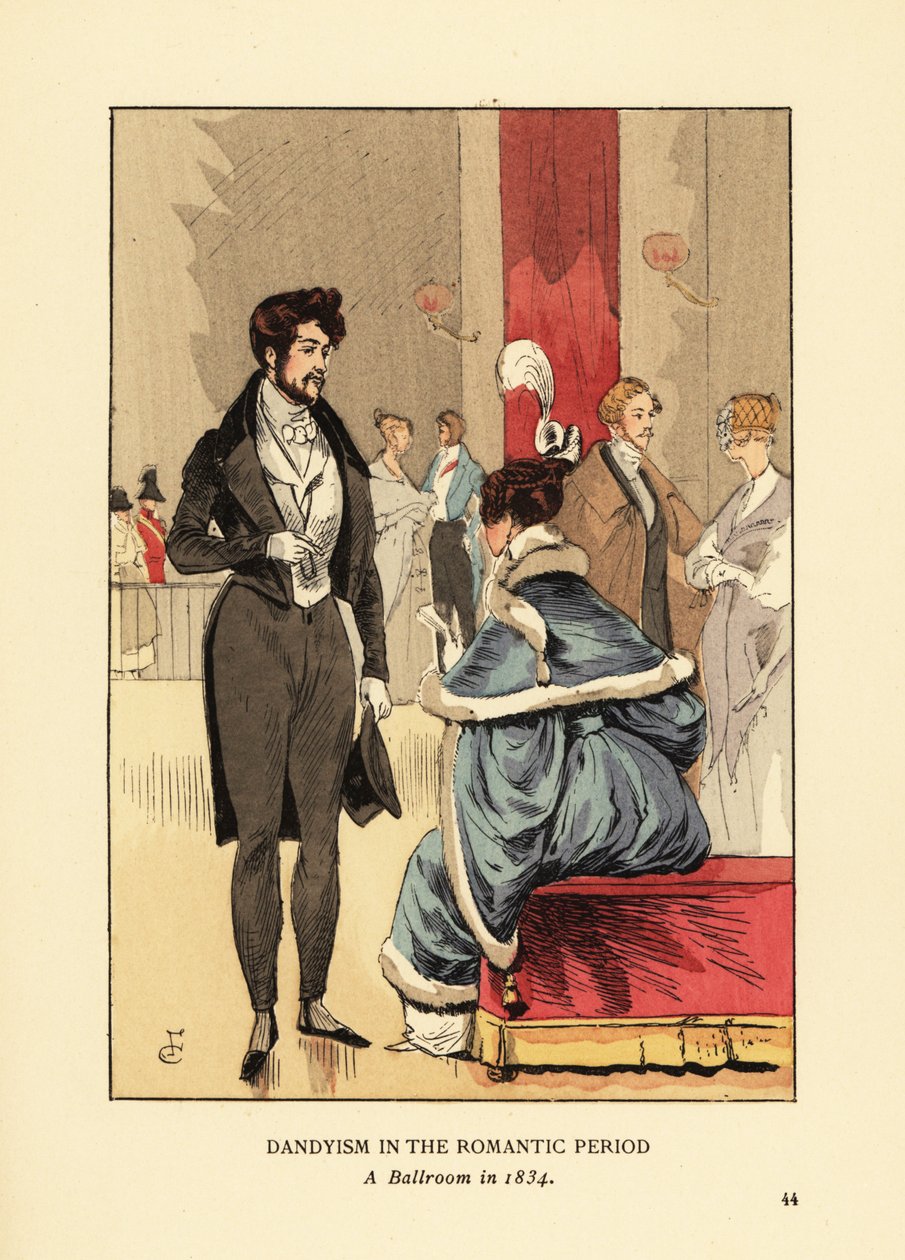 Dandyizmus a romantika korában, Bálterem 1834-ben. Fop kabátban, farokkal, szűk nadrággal és cilinderrel. Nő prémes ruhában, tollal a hajában. R.V. kézzel színezett litográfiája. Francois Courboin illusztrációja után Octave Uzanne divat című művéből alkotó: François Courboin