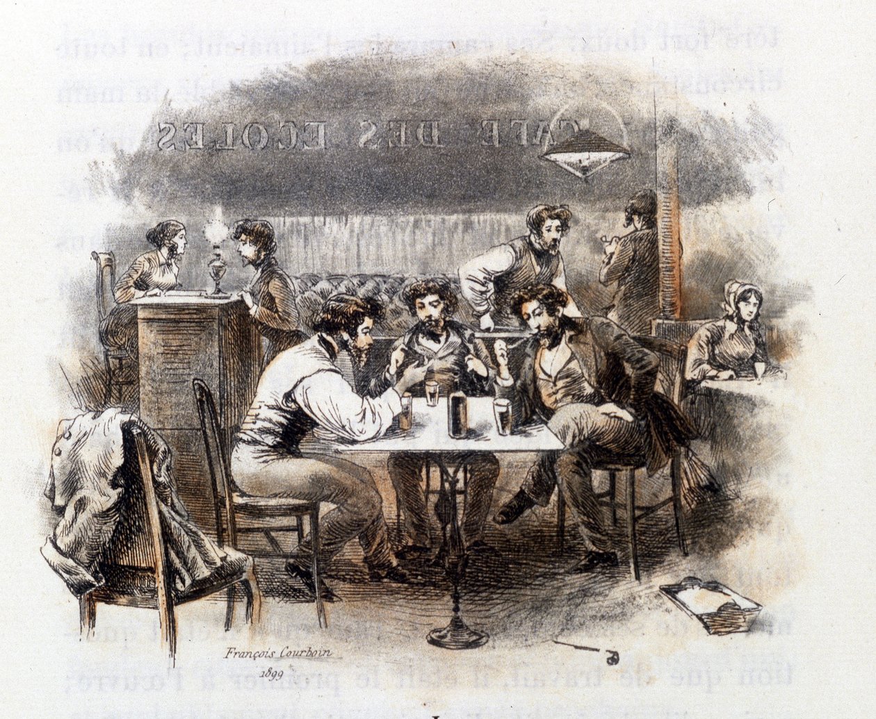 Diákbeszélgetés egy párizsi kávézóban. Illusztráció a „” Profile of grisette””” új, a Receuil „” Mimi de Pinson”-hoz tartozó „” Profile of grisette””-ről, Alfred de Musset alkotó: François Courboin
