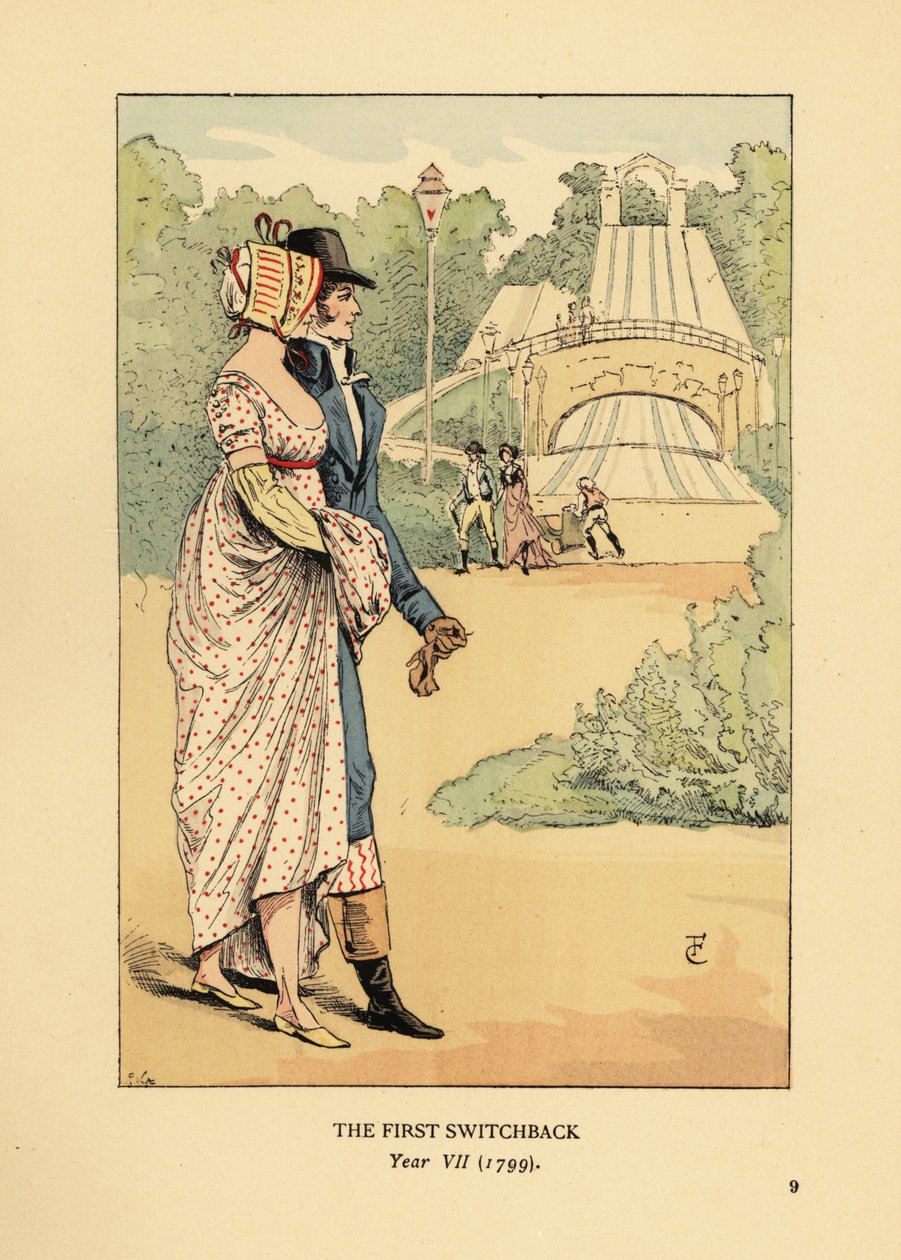 Divatos házaspár az Orosz-hegység hullámvasútján, a Les Montagnes Russes a Belleville-ben, 1812-ben épült. (Az első visszakapcsolás, VII. évf. alkotó: François Courboin