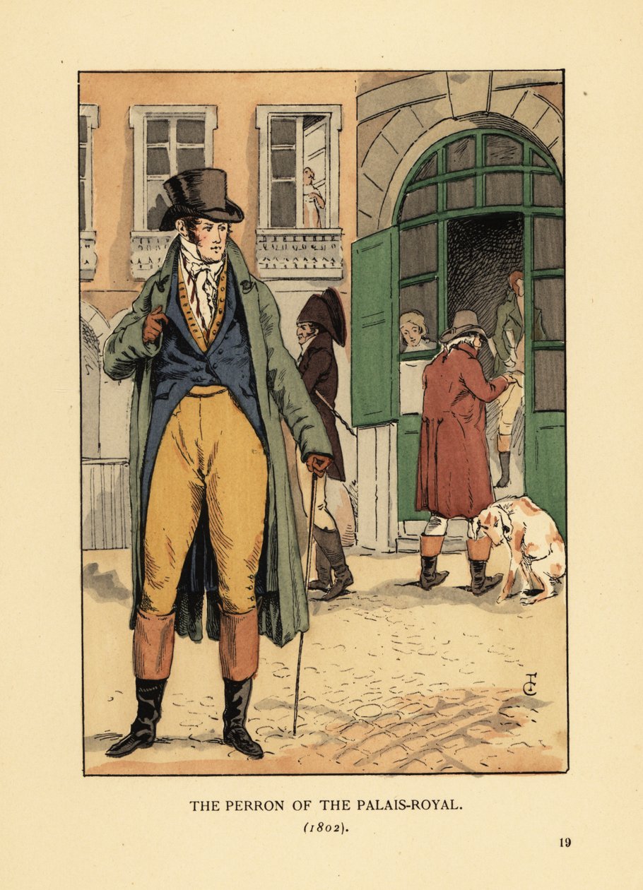 Divatos úriember a Passage du Perron, Palais Royal bejárata előtt. Kalapot, nyakkendőt, kabátot, mellény nadrágot és csizmát visel. A párizsi Palais Royal Perronja alkotó: François Courboin