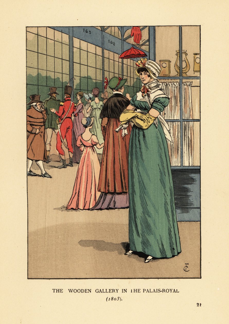 Divatos nő vásárol a fából készült galériában a Palais Royalban, Párizsban alkotó: François Courboin