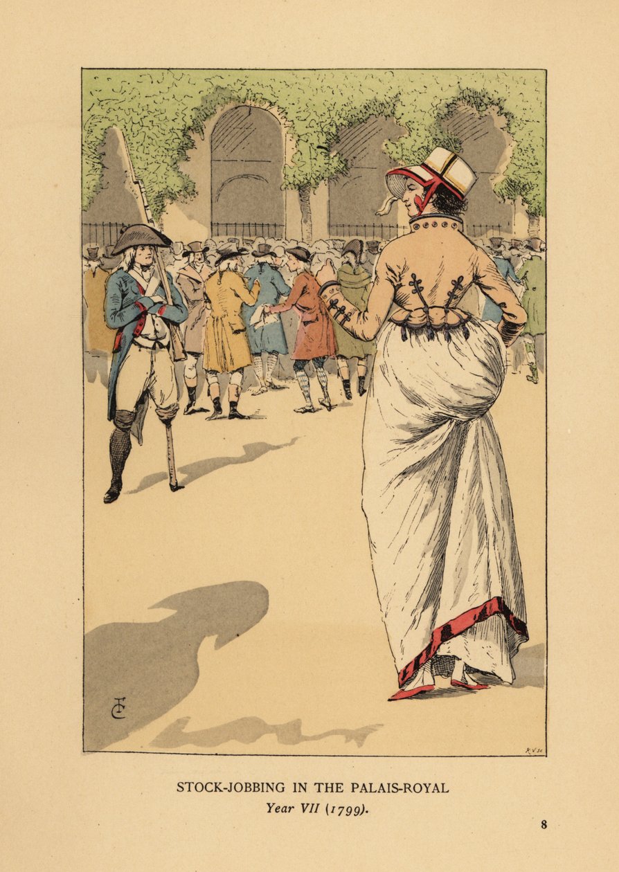 Divatos nő egy csoport spekuláns vagy agioteur csoporttal, Párizs. Egy féllábú forradalmi katona áll őrt. Állománybörze a Palais Royalban, VII. évfolyam alkotó: François Courboin