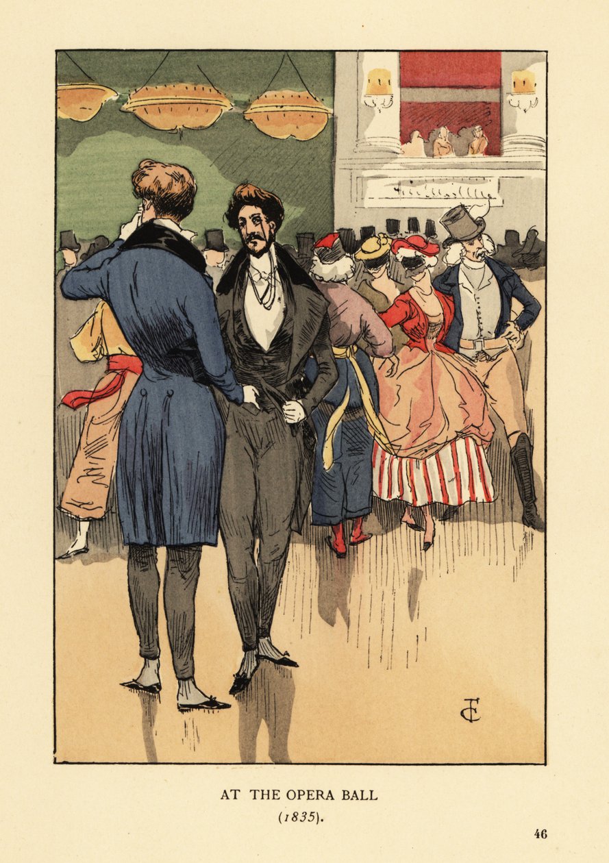 Fops kabátban farokkal, mellény, szűk nadrág és fehér harisnya. Emberek díszruhában és álarcban mögöttük. Az 1835-ös Operabálon. R.V. kézzel színezett litográfiája. Francois Courboin illusztrációja után Octave Uzanne Párizsi divat című művéből Will alkotó: François Courboin