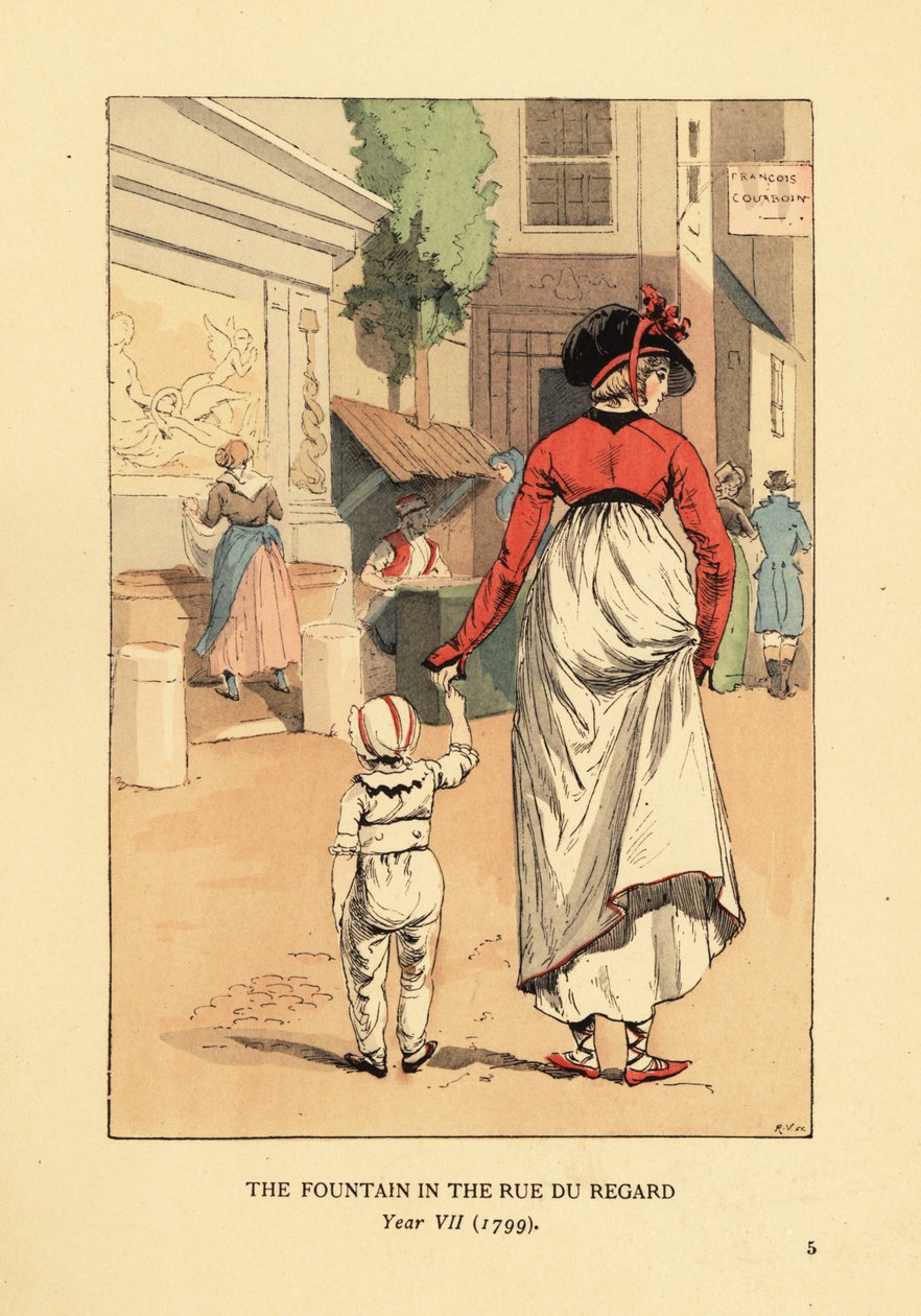 Nő és gyermek a Leda-kút előtt, Fontaine de Leda, a Rue du Regard-ban, Párizs, VII. év alkotó: François Courboin