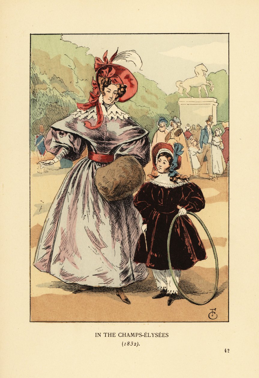 Nő és gyermek karika játszik a parkban. A Champs Elysees-n alkotó: François Courboin