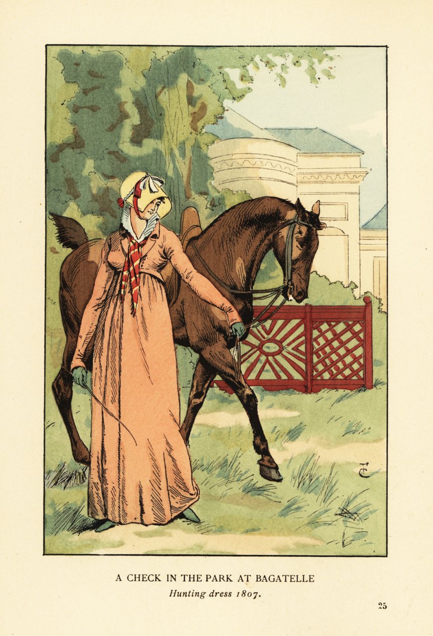 Nő vadászruhában, motorháztetőben és kendőben lovat vezet a Parc de Bagatelle-ben, Bois de Boulogne, Párizs alkotó: François Courboin