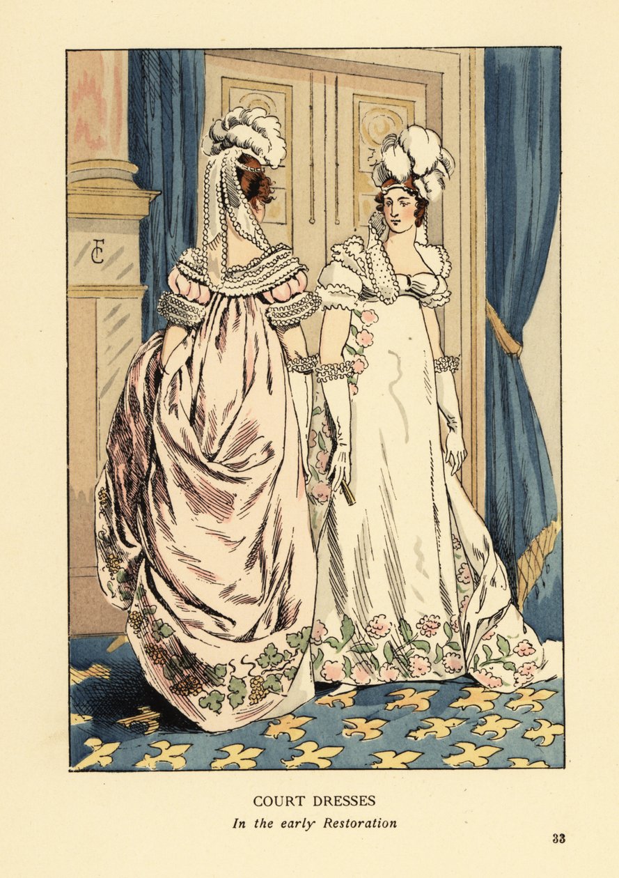 Nők tollas fejdíszben és luxus hímzett ruhákban, XVIII. Lajos király udvara, 1817 körül. Belseje kék függönnyel és fleur de lys szőnyeggel. Udvari ruhák a korai restaurációban, Párizsban. R.V. kézzel színezett litográfiája. illusztráció után alkotó: François Courboin