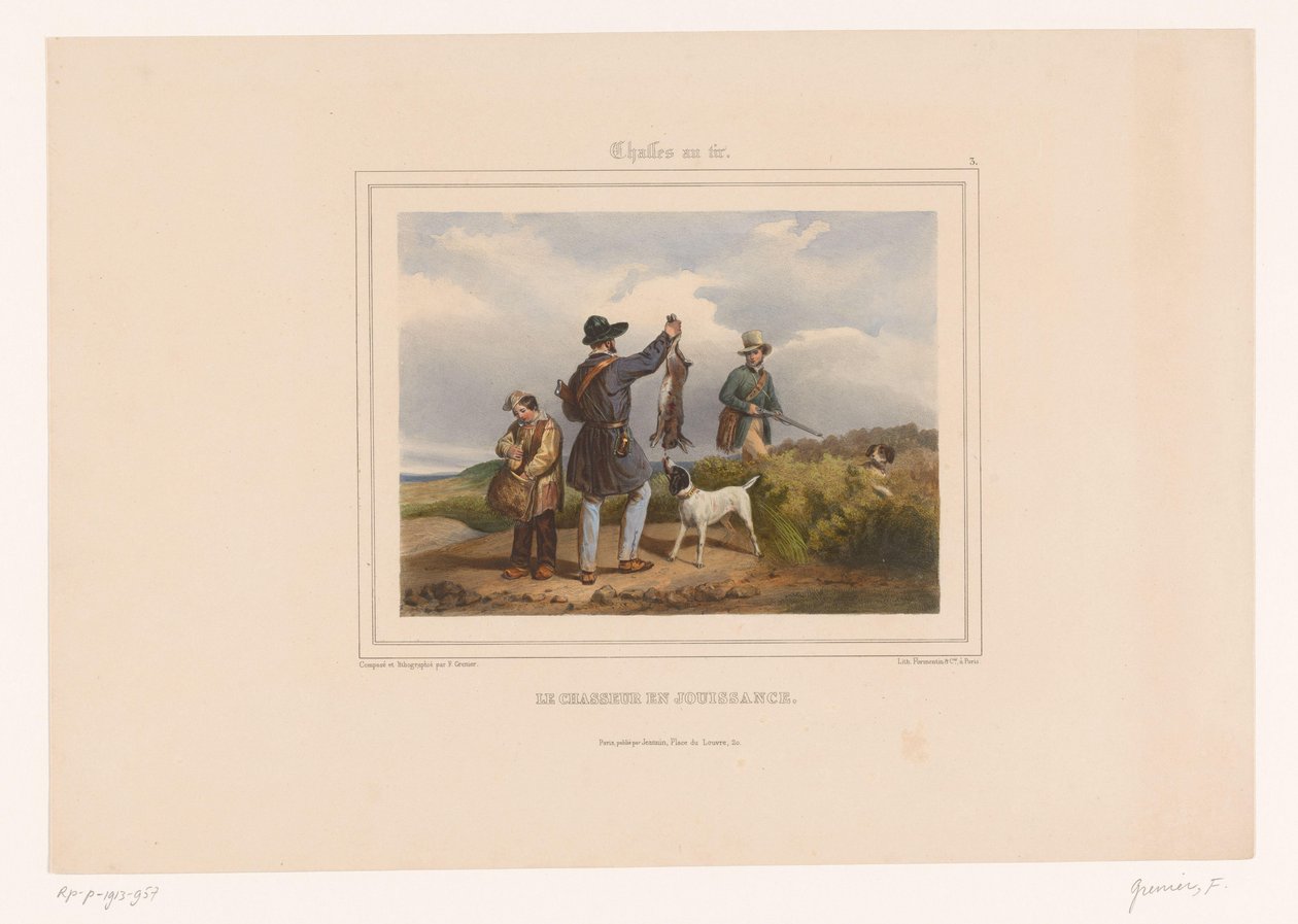 Hunter megmutatja egy másik vadásznak a lelőtt nyulat Le chasseur en jouissance (cím a tárgyon) Vadászok fegyverrel (sorozat címe) Chasses au Tir (sorozat címe az objektumon) alkotó: François Grenier