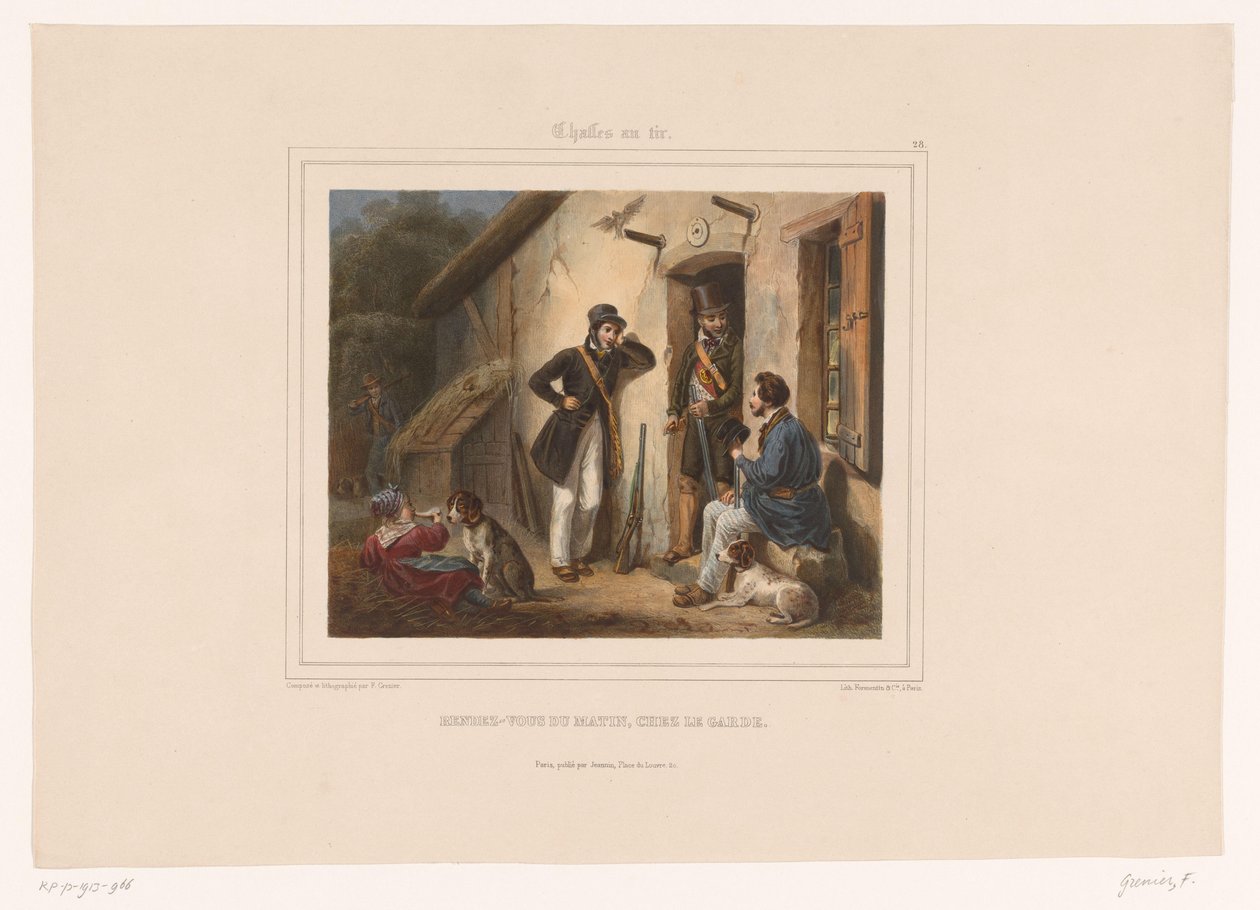 A vadászok reggel találkoznak a vadőrrel Rendezvous du matin, chez le garde (cím a tárgyon) Vadászok fegyverrel (sorozat címe) Chasses au Tir (sorozat címe az objektumon) alkotó: François Grenier