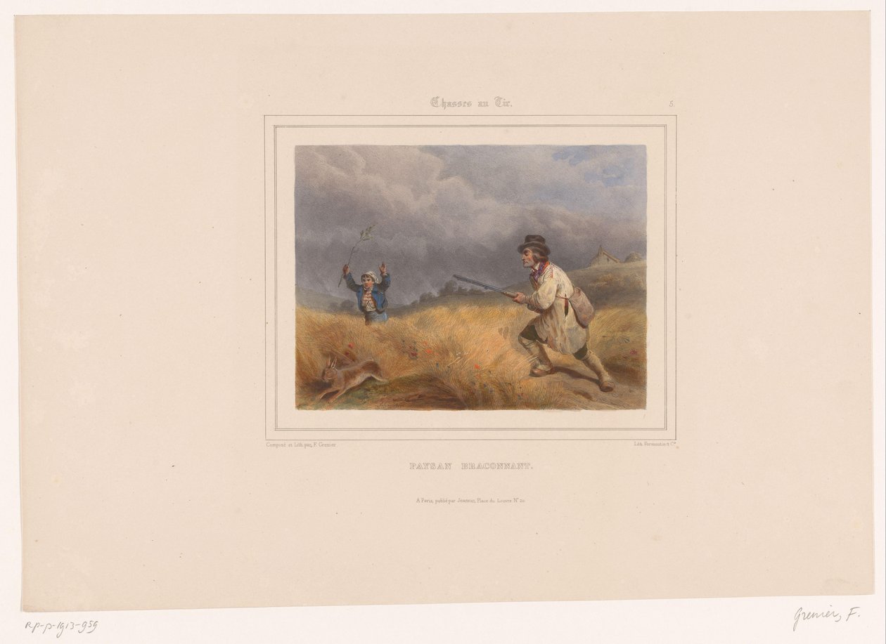 Két orvvadász üldöz egy nyulat Paysan braconnant (cím a tárgyon) Vadászok fegyverrel (sorozat címe) Chasses au Tir (sorozat címe az objektumon) alkotó: François Grenier