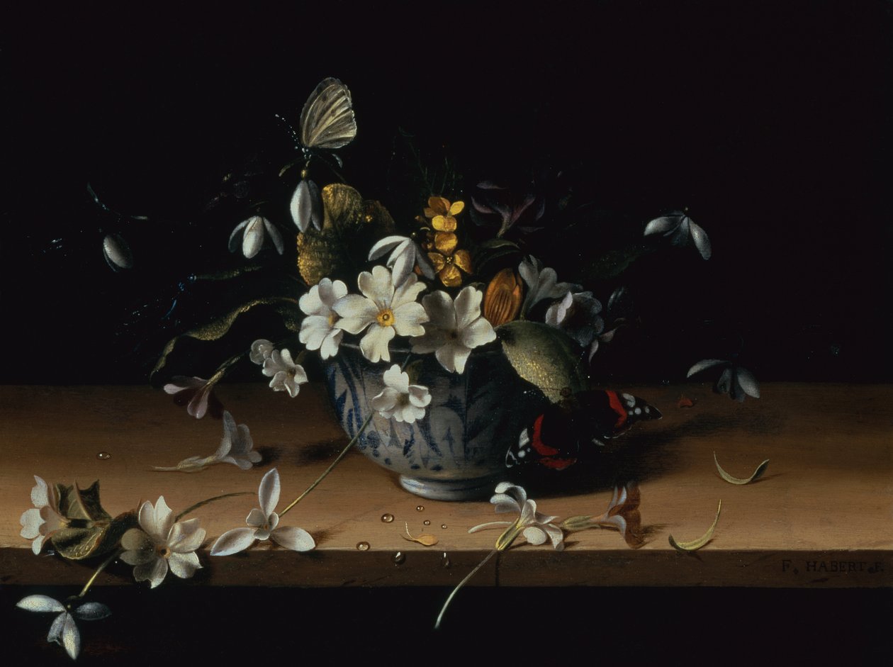 Virágok kék-fehér kínai porcelán tálban vörös admirális pillangóval a fa párkányon (olaj a panelen) alkotó: François Habert