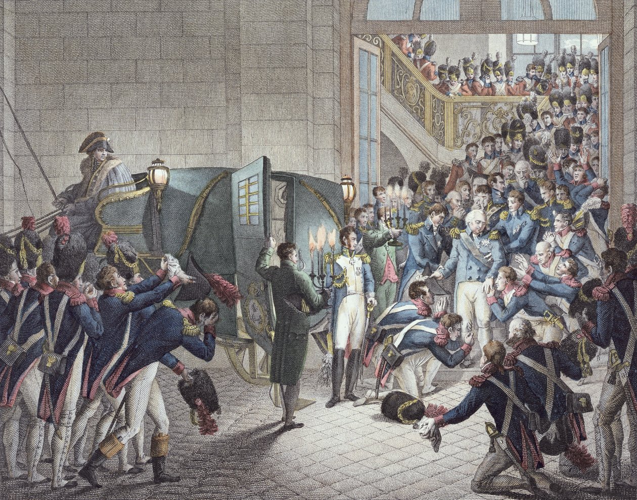 XVIII. Lajos (1755-1824) francia és navarrai király távozása a Tuileriákból, 1815. március 19. (színes metszet) alkotó: François Joseph Heim