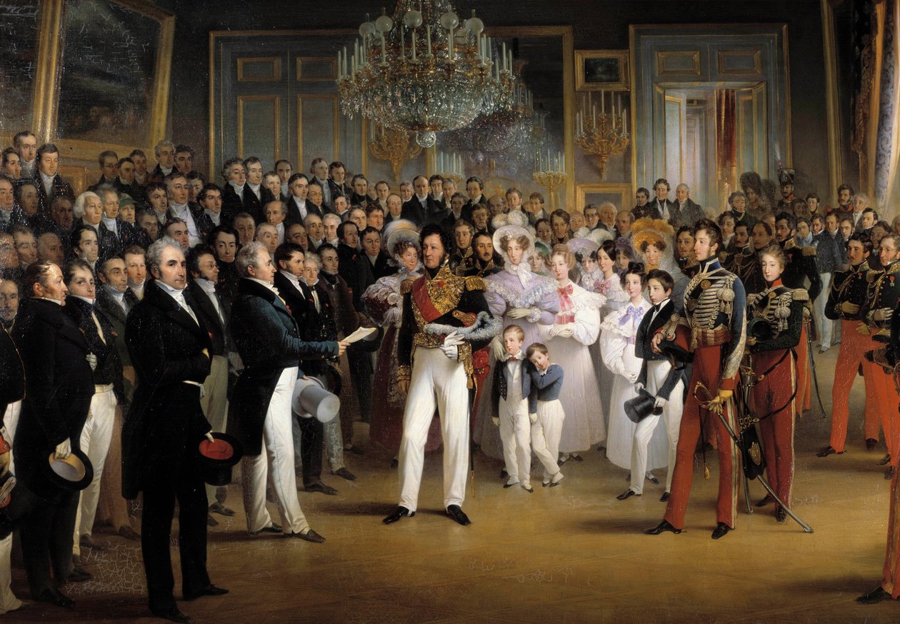 1830-as forradalom: „” A Képviselőház bemutatja I. Lajos Fülöp (1773-1850) orléans-i hercegnek a trónra hívó törvényt és az 1830-as Chartát a királyi palotában 08.07. 1830”” Részlet. Francois Joseph Heim festménye (1787-18 alkotó: François Joseph Heim