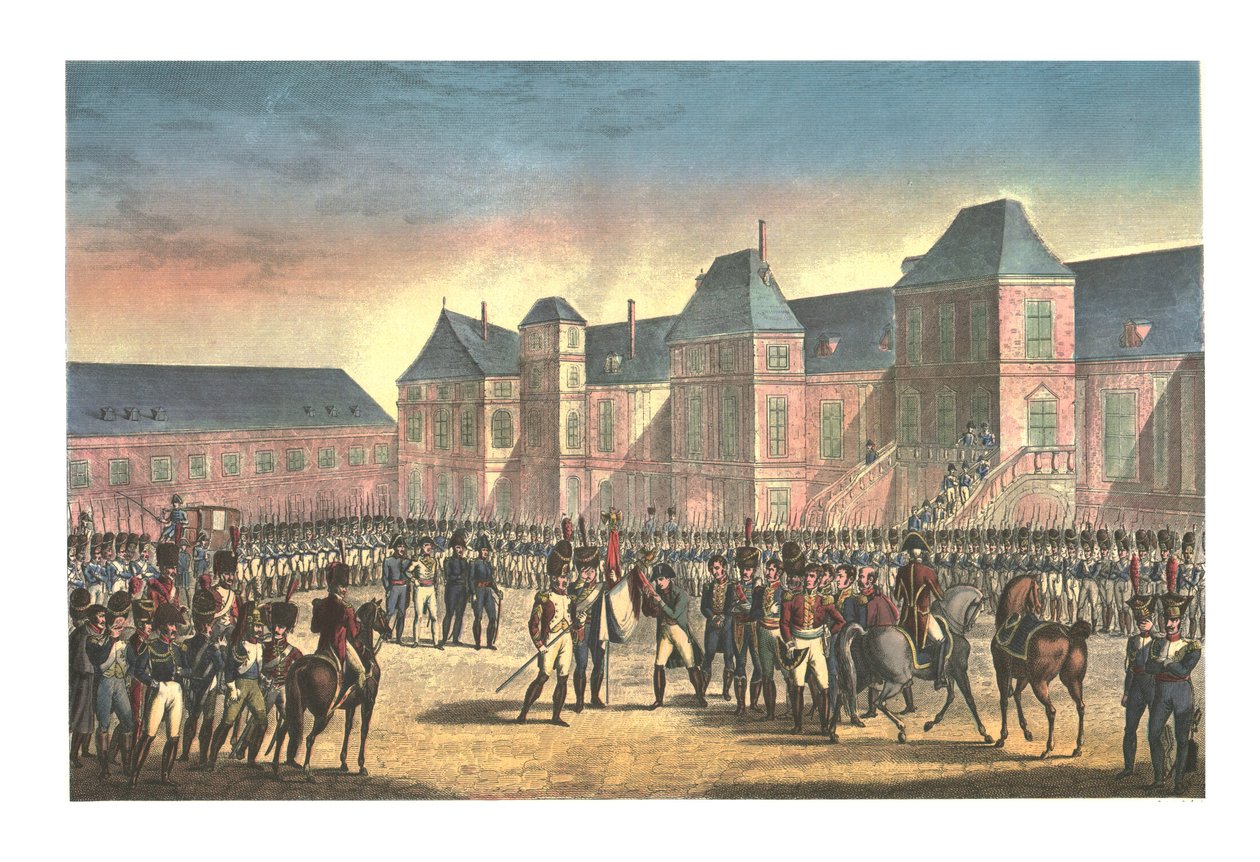 Napóleon távozása Fontainebleau-ból, 1814. április 20., 1850. alkotó: François Pigeot