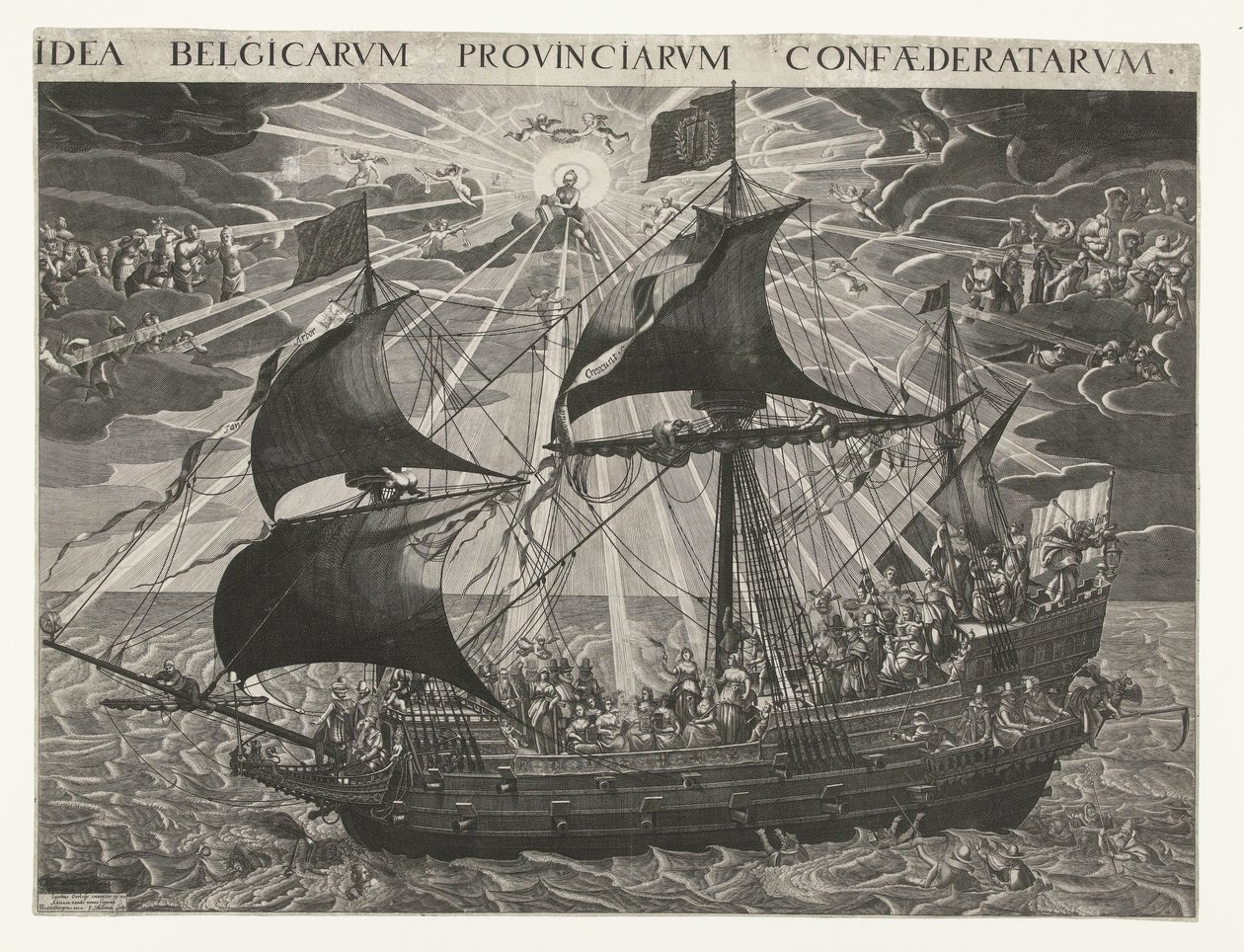 Az állam hajója, 1620 Az ország boldog állapotának allegóriája a dordrechti zsinat után Idea Belgicarum Provinciarum Confaederatarum (cím a tárgyon) alkotó: François Schillemans