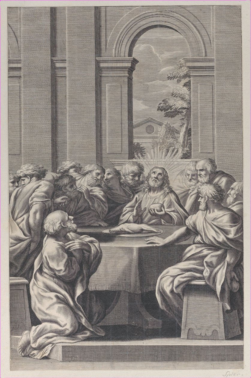 Az utolsó vacsora, egy klasszikus épület belseje Krisztussal és apostolainak székével..., 1660-81. alkotó: François Spierre