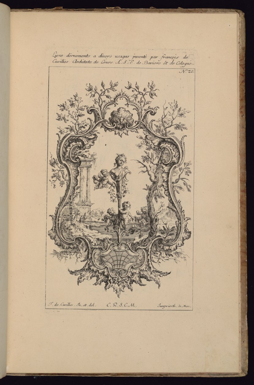 Cartouche női mellszoborral, Livre d’ornements (Díszkönyv) alkotó: François de Cuvilliés the Elder