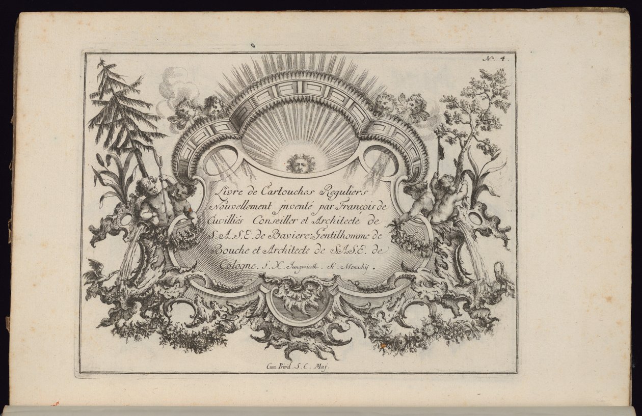 Cartouche Nappal és négy széllel, Livre de Cartouches Reguliers (Szokásos kartoték könyve) alkotó: François de Cuvilliés the Elder