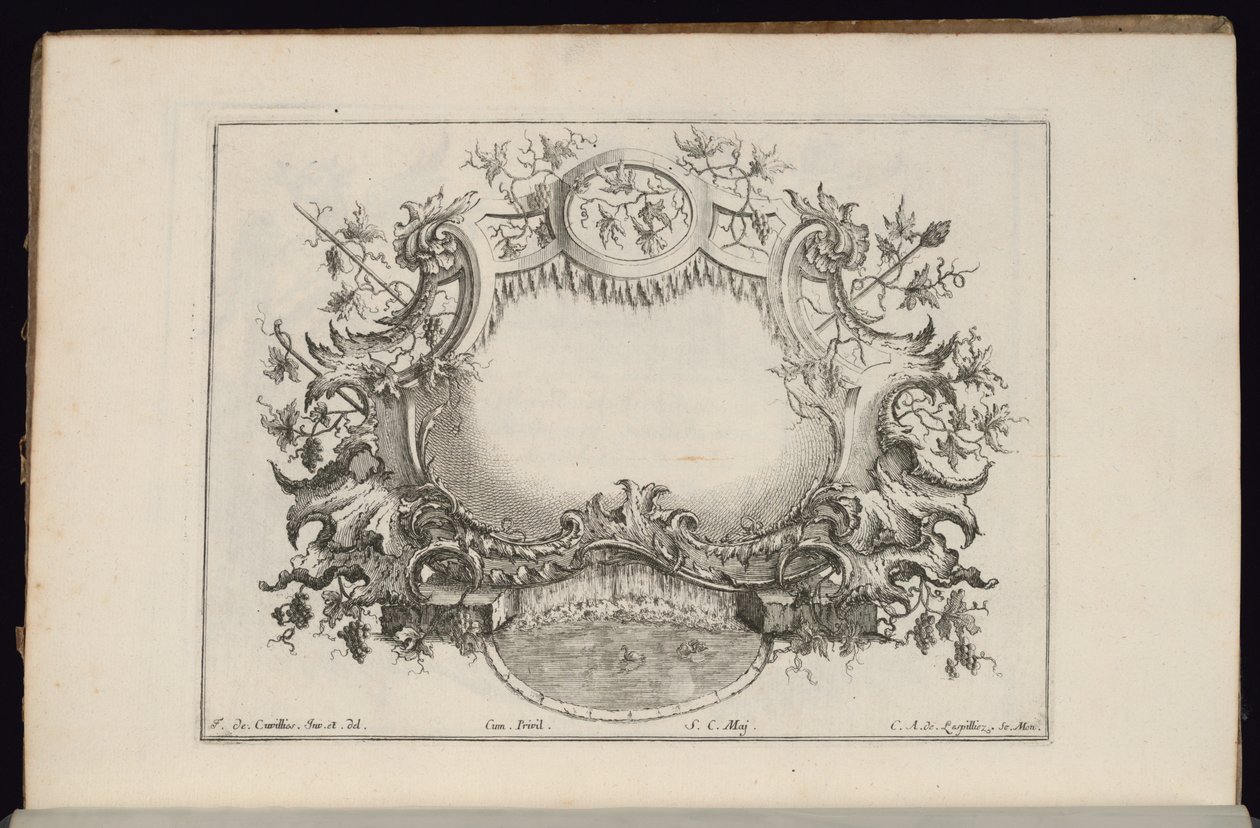 Cartouche borlevelekkel és szőlővel, Livre de Cartouches Reguliers (Szokásos Cartouches könyve) alkotó: François de Cuvilliés the Elder