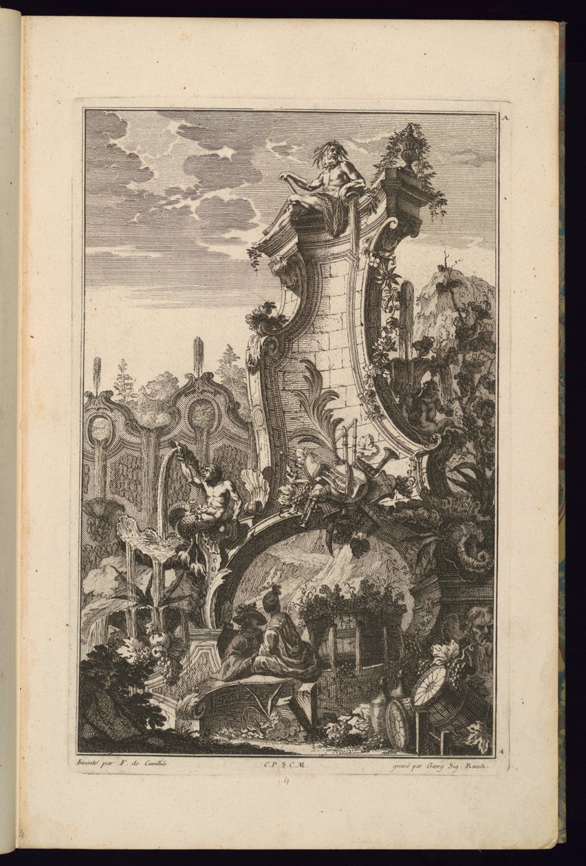 Tervezés a szökőkúthoz hangszertrófeával alkotó: François de Cuvilliés the Elder